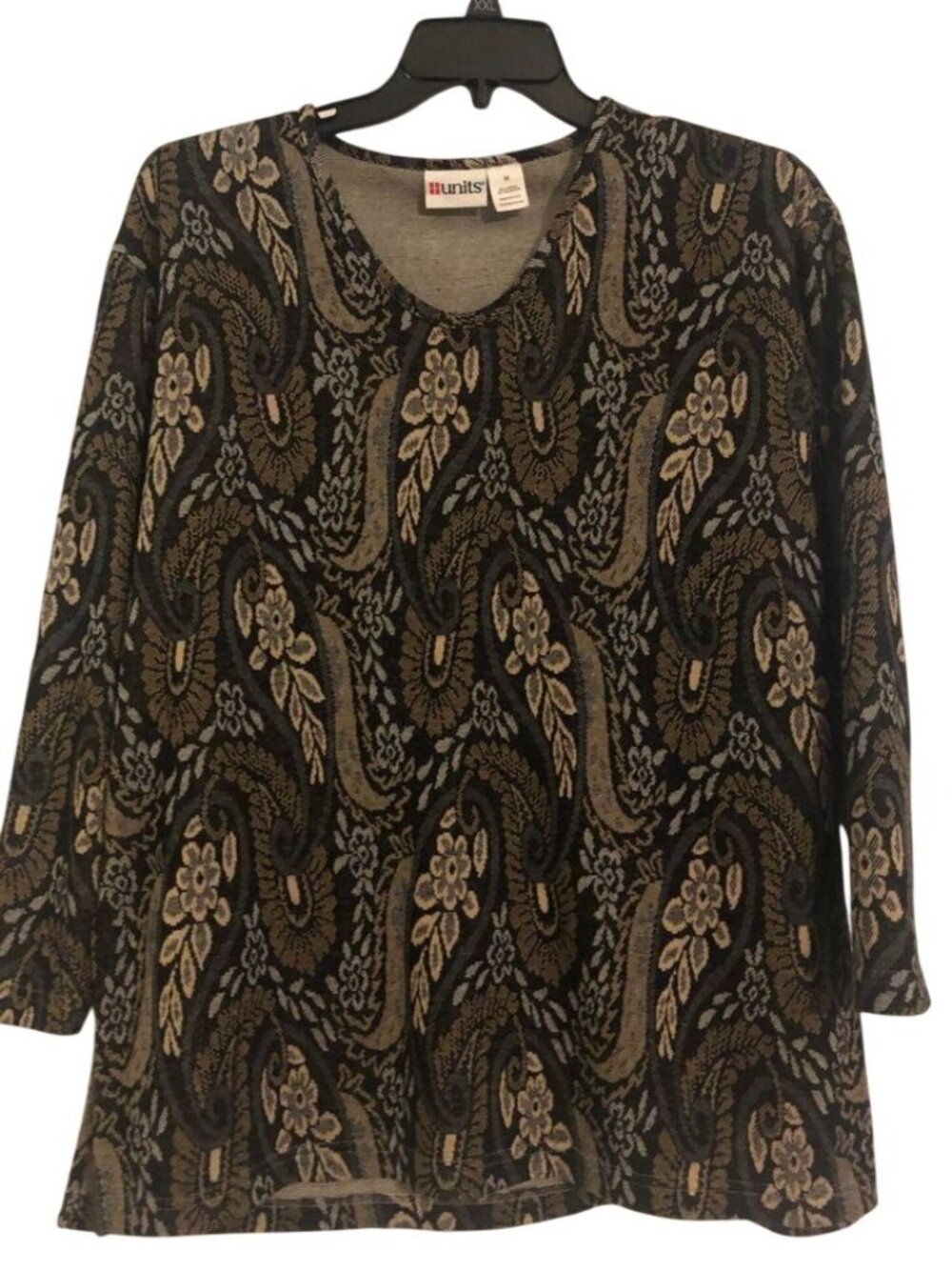 Earth Tone Paisley Greenery Print Warm Blouse With Side Vents Sz M